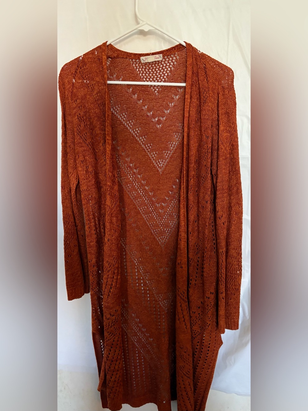 It's Our Time Rust Open-Front Crochet Long Cardigan